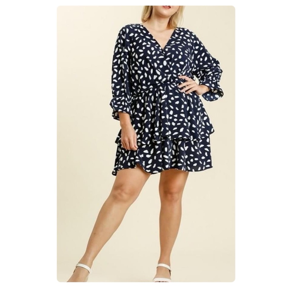 Umgee Spotted Layered Tiered Mini Dress Navy Size L